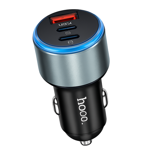 Hoco 3‑Port Fast Car Charger — USB‑A & Dual USB‑C, LED Ring, 60W Output
