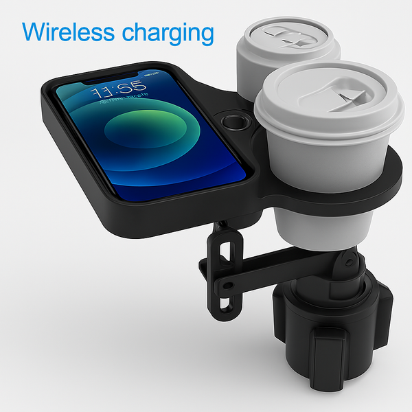 Wireless Charging Cup Holder Station — Dual Cup Holders & Adjustable Mount