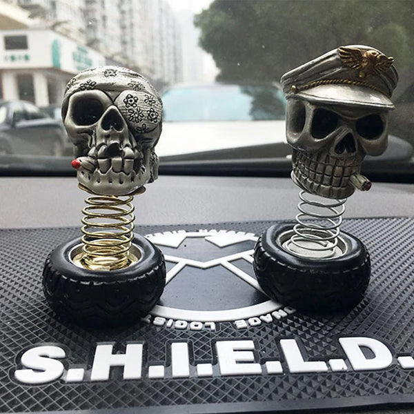 Pilot Skull Bobble Ornament — Spring‑Mounted Dashboard Decoration