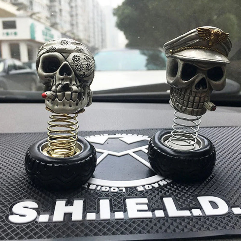 Pilot Skull Bobble Ornament — Spring‑Mounted Dashboard Decoration