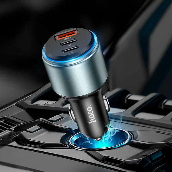 Hoco 3‑Port Fast Car Charger — USB‑A & Dual USB‑C, LED Ring, 60W Output