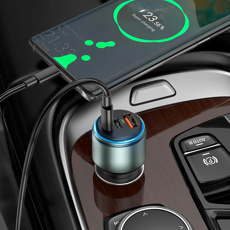 Hoco 3‑Port Fast Car Charger — USB‑A & Dual USB‑C, LED Ring, 60W Output